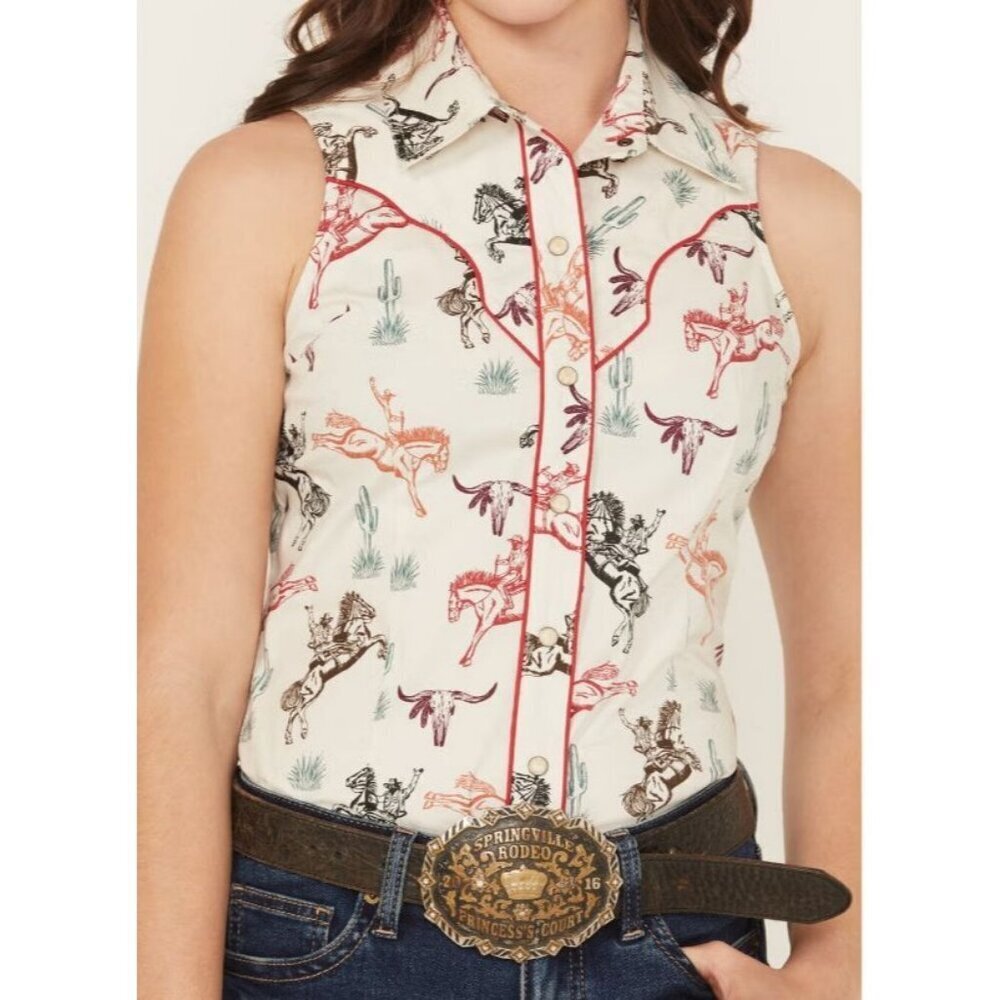 Rock & Roll Denim Girl's Sleeveless Horse Print Snap Shirt Natural